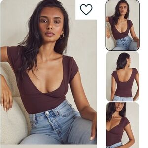 NWT Free People Duo Corset Cami Cap Sleeve Blouse V Neck Brown Women's M